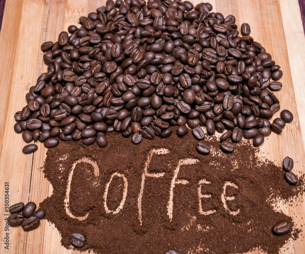 Coffee beans and ground in English on table Coffee beans and ground in English on table