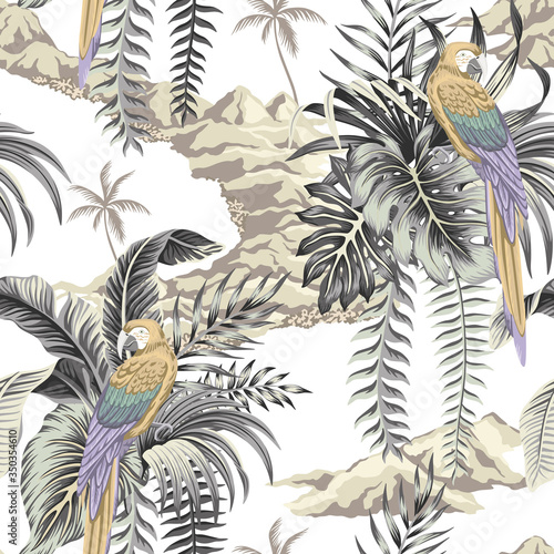 Tropical vintage Hawaiian island, palm tree, mountain, palm leaves, macaw parrot summer floral seamless pattern white background.Exotic jungle wallpaper.