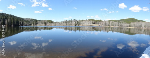 Wide Panoramic Springtime Landscape of Scenic Sibbald Lake Recreation Area in Kananaskis Country, Alberta Foothills of Canadian Rocky Mountains