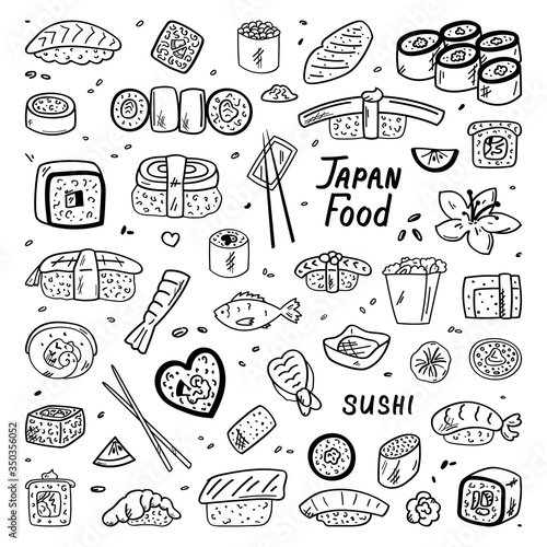 Japanese and Chinese cuisine. Food, doodles. Vector illustration. Simple style, suitable for cafe decoration