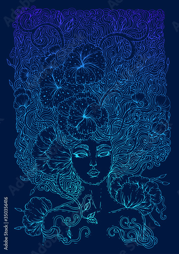 Vector drawn magical forest fairy with curly hair with weave interwoven flowers. Girl nymph goddess of the spring bloom. Ornamental decorated graphic neon light print t-shirts mythical characters.