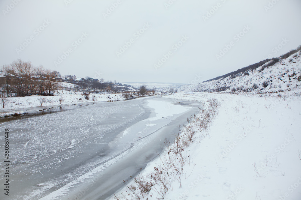 thin ice on the river in the winter 