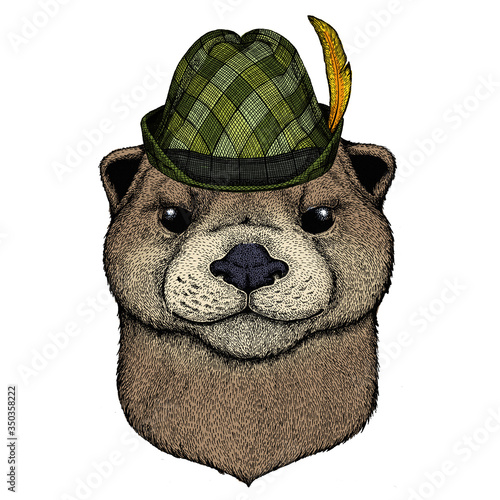 Portrait of otter. Austrian bavarian tirol hat. Beer festival. Oktoberfest.Cute animal head.