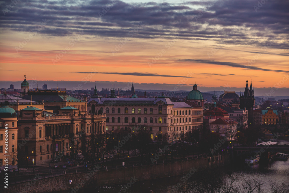 sunset over old town Prague