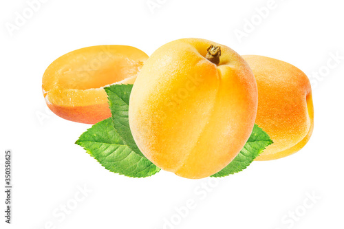 Apricot fruits and half Isolated on white background.