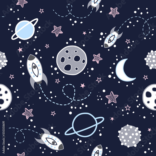 Seamless surface repeat vector pattern with light blue, gray, white and pink planets, moons and stars with space ships on a navy blue background