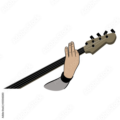 Isolated vector illustration. Human hand playing electric bass guitar.