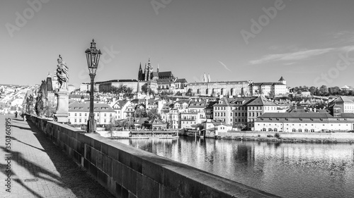 Obraz na plátně Prague Castle view from Charles Bridge on sunny spring morning, Praha, Czech Rep