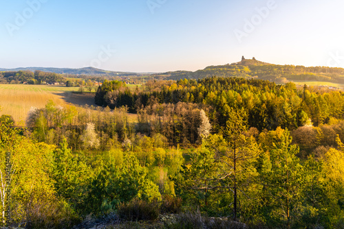 Fototapeta Naklejka Na Ścianę i Meble -  Trosky castle ruins. Two towers of old medieval castle on the hill. Landscape of Bohemian Paradise, Czech: Cesky raj, Czech Republic