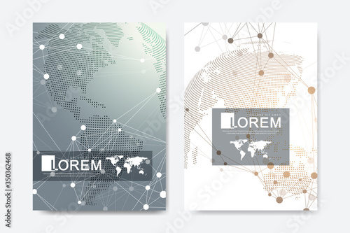 Modern vector template for brochure, Leaflet, flyer, advert, cover, catalog, magazine or annual report. Business, science, medical design. Scientific cybernetic dots. Lines plexus. Card surface photo