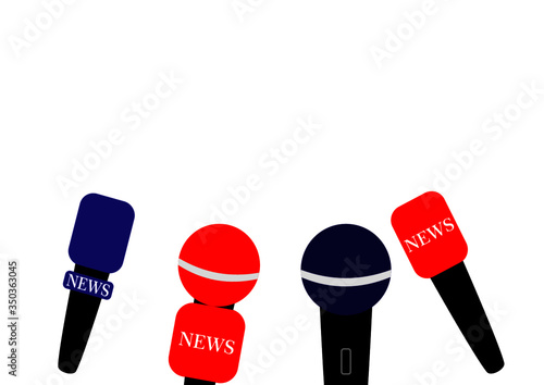 Audio correspondent microphone for interviewing in the news. TV news. Press conference. Freedom of speech. Mass media. Voice recording by microphone. Audio technology.
