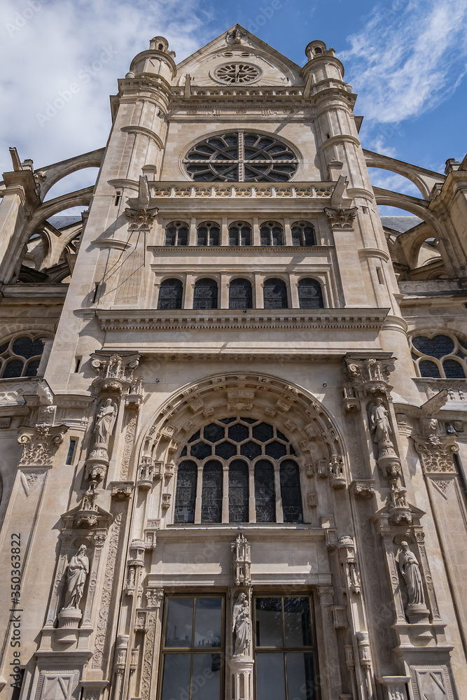 Architectural fragments of Paris Saint-Eustache church (Eglise Saint Eustache, 1532 - 1637). Saint-Eustache church located in Les Halles (market) area of Paris. UNESCO World Heritage Site. France.