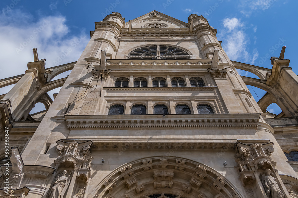 Architectural fragments of Paris Saint-Eustache church (Eglise Saint Eustache, 1532 - 1637). Saint-Eustache church located in Les Halles (market) area of Paris. UNESCO World Heritage Site. France.