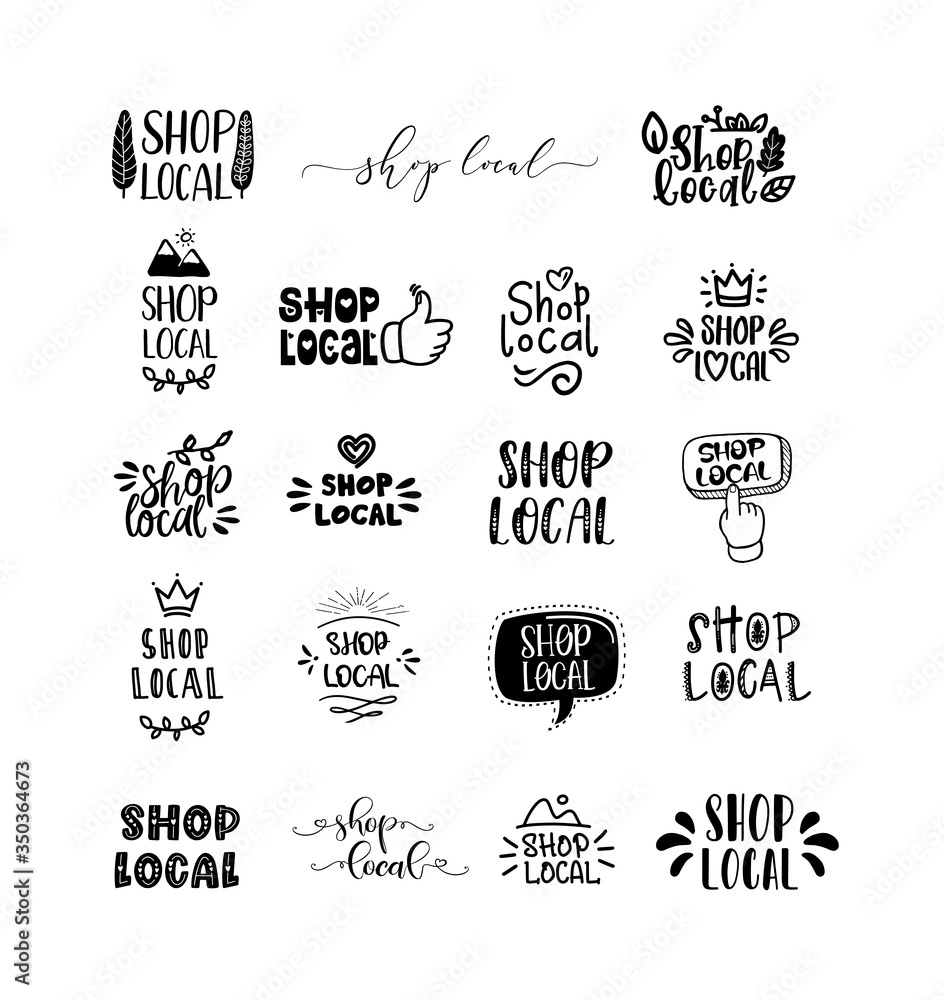 LOCAL SHOP set of hand drawn doodles badges, logo, icons. Handwritten modern vector brush lettering typography and calligraphy text - shop local on a white background. Small shop, local business.