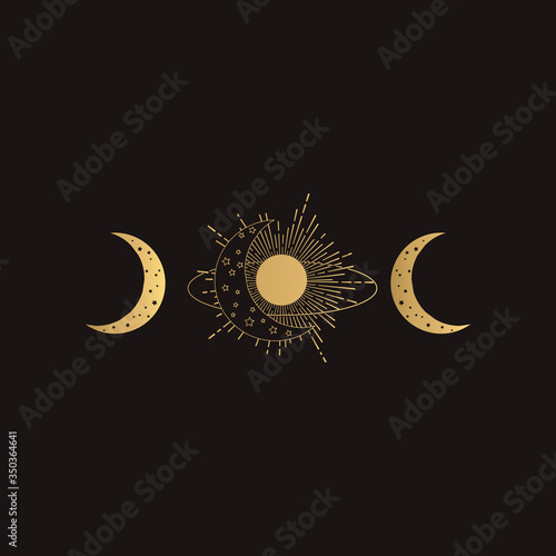 Hand Drawn Gold Logo with the sun, moon phases, and stars. Abstract Golden Logo 