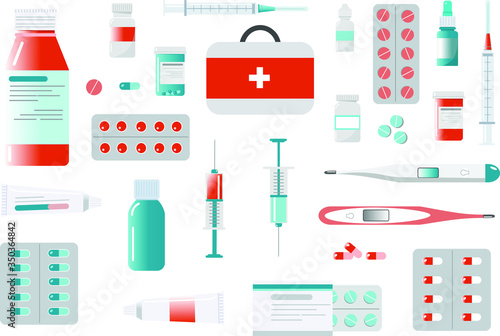pharmacy set of a lot of medicines vector flat illustration