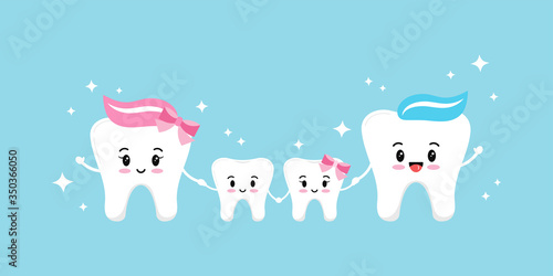 Happy teeth family isolated on blue background.