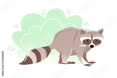 Racoon trendy flat card on white background. Raccoon in green bushes nature vector illustration. Cute children print. American animal colorful banner, postcard. Cartoon Zoo art isolated
