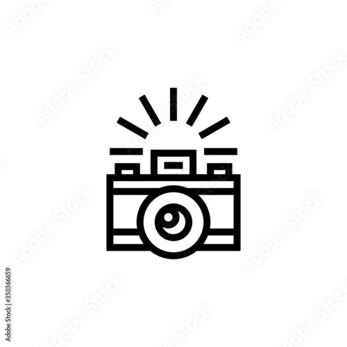 Photo camera with flash vector icon in outline, linear style isolated on white background