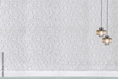white brick wall modern lamp textured wood laminate flooring, empty space