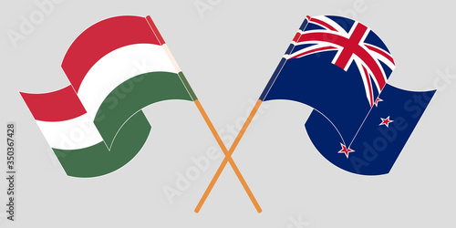 Crossed and waving flags of Hungary and New Zealand