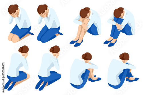 Depressed women. Sad woman hug her knee and cry, Crying wwoman. Icons isometric set.