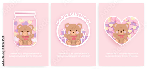 Set of baby shower cards and birthday cards with cute bear and cake .