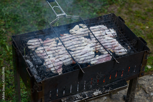 Grilled skewers of pork meat and smoke.