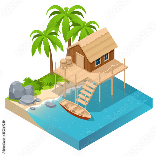 Isometric wooden house by the sea near palm trees. Stilt house. Wooden tropical home on stilts over water