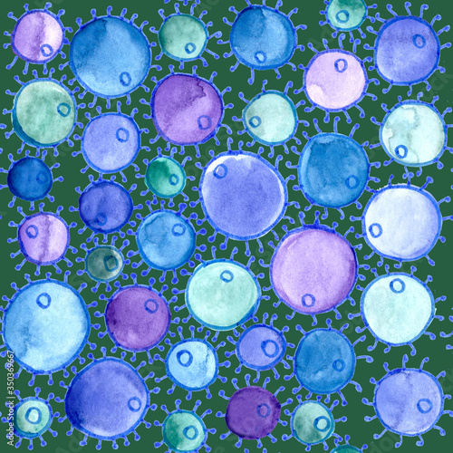 Abstract watercolor full color seamless pattern from images of coronavirus in blue violet tones on a dark background