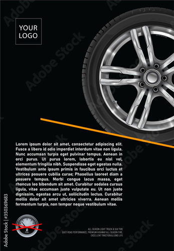 Wheel sale. Black Friday. Advertising poster, brochure, billboard, booklet. Realistic vector car tyre . Seasonal sale of wheels. Web page design of car service. Tire car advertisement poster.
