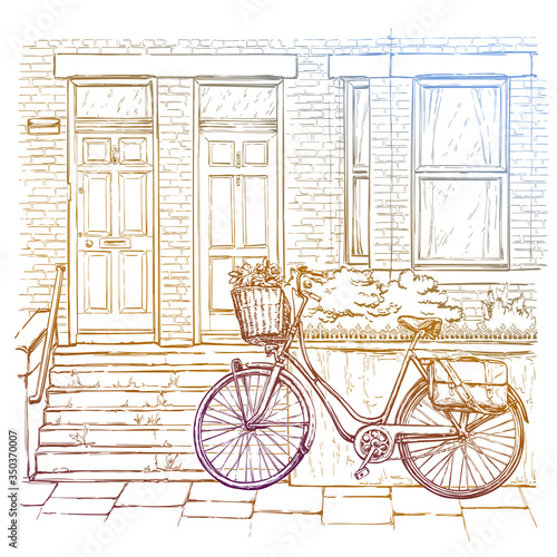 Hand drawn sketch of bicycle on the street, old town. Vector illustration