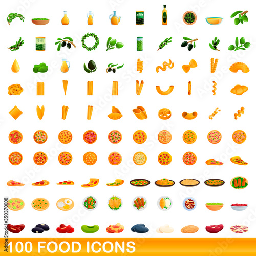 Fototapeta Naklejka Na Ścianę i Meble -  100 food icons set. Cartoon illustration of 100 food icons vector set isolated on white background