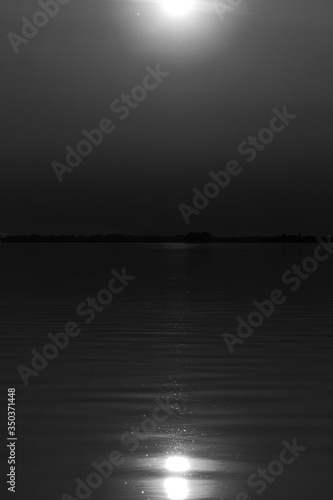 White light on the black water | moonlight on water surface | sea ocean reflection | black and white photography | vertical orientation | shadow and light