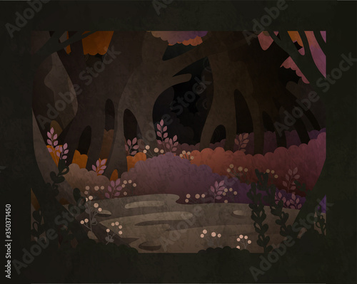 Fairy tale vector illustration. Dark forest background