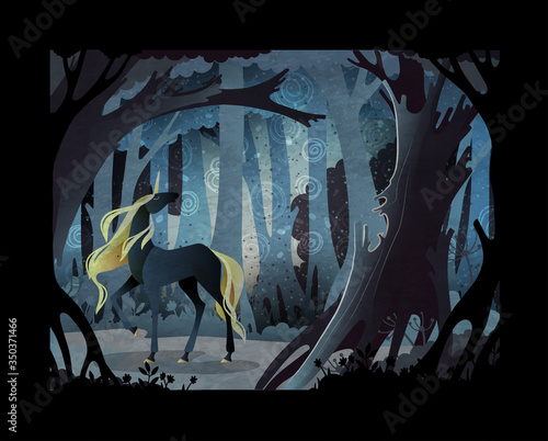 Fairy tale vector illustration. Black unicorn in front of dark misty forest