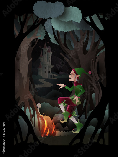 Rumpelstiltskin character dancing near fire in front of dark forest and castle. Fairy tale book cover vector illustration