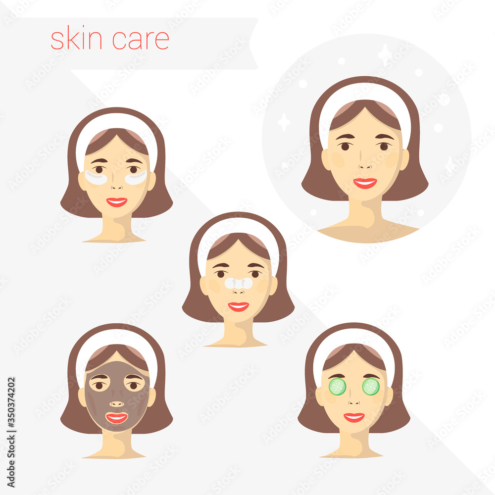 Skin care routine simple woman face with a different facial procedures banner vector illustration flat design concept Skin care routine simple woman face with a different facial procedures banner vector illustration flat design concept