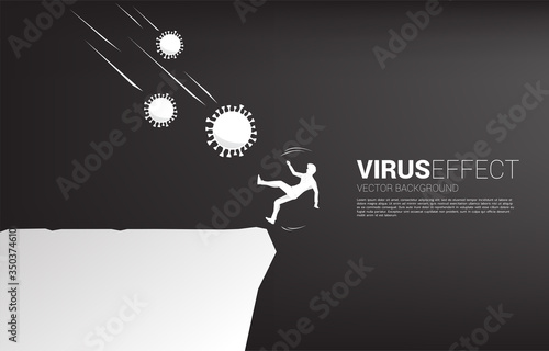 silhouette of businessman falling down from corona virus to drop from valley. Concept for economic crisis from virus outbreak.