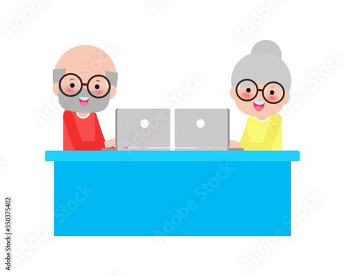 Elderly, old people, senior couple people with laptop and tablet pc, stay at home, chatting on computer with grandchildren learning languages isolated on white background Vector illustration.