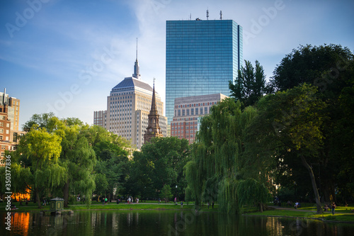 Photography Skyline view of Boston, Massachusetts, from the Public Garden.