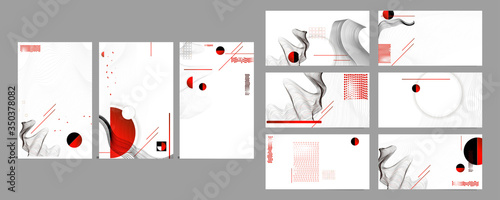 Black white red colors poster design Japanese style templates set invitations to lines abstract background. Stock illustration artwork business style