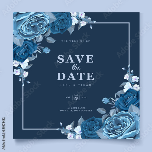 elegant classic blue floral wedding invitation template