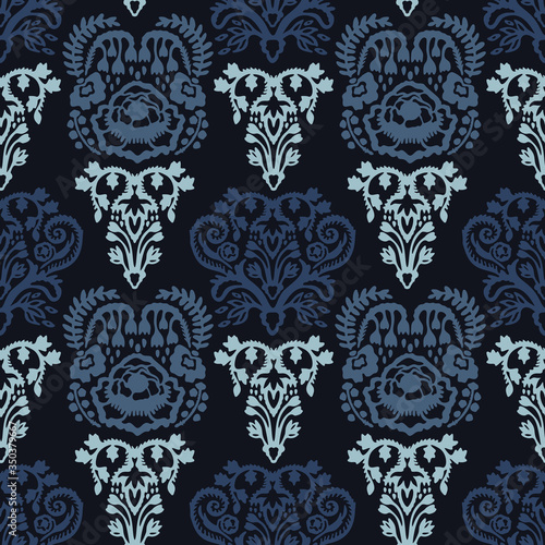 
Indigo blue flower damask seamless pattern. Sketchy winter floral daisy vector background. Modern dark navy wallpaper graphic design. Hand drawn all over print. Masculine bloom decor textile 

