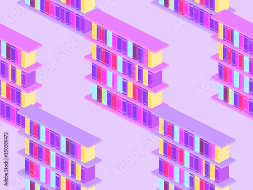 Bookshelf isometric seamless pattern. Books on a bookshelf, catalog, library. Vector illustration