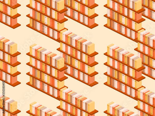 Bookshelf isometric seamless pattern. Books on a bookshelf, catalog, library. Vector illustration
