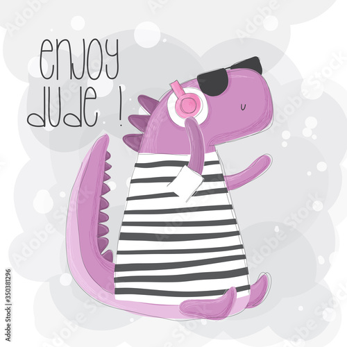 Hand drawn dino with headphone
