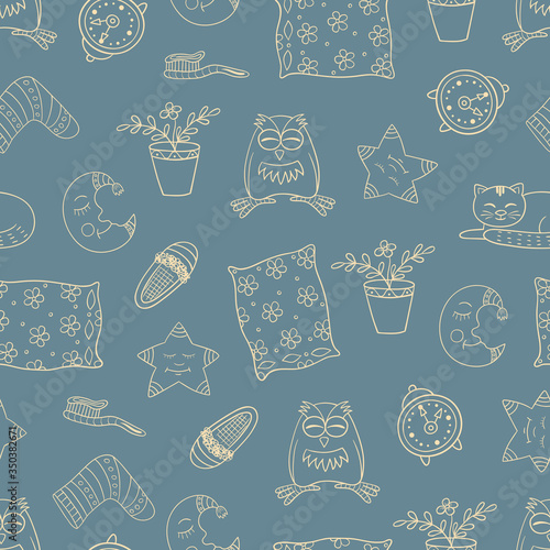 Vector cute seamless pattern with sleep objects and animals. Everyone has sweet dreams. Drawing made in childish style