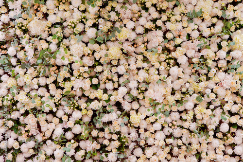 A large flower wall of pink roses and chrysanthemums.
