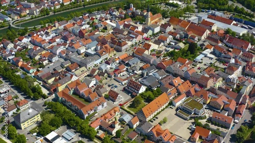 Aerial view of the city Kelheim in Germany, Bavaria on a sunny spring day during the coronavirus lockdown. photo